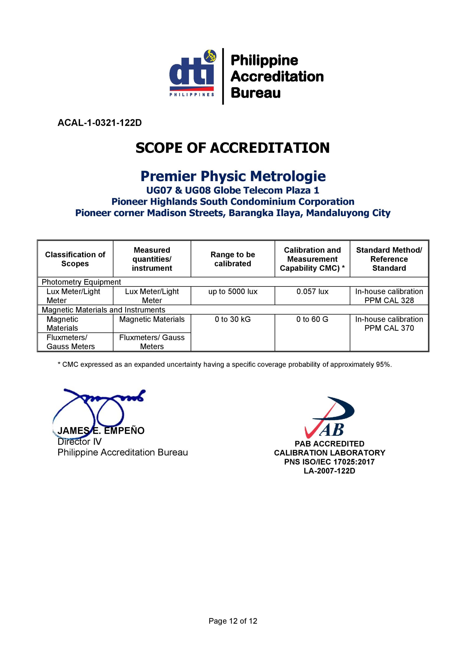 Premier Physic Metrologie - Scope of Accreditation 12